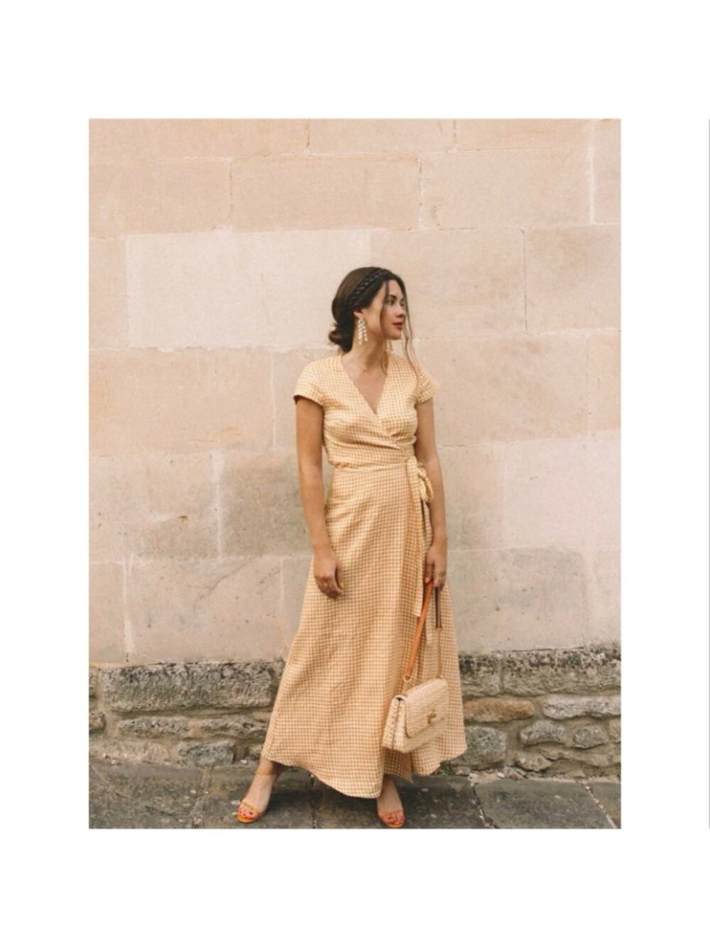 & Other Stories Gingham Check Linen Maxi Midi Wrap Dress Mustard Yellow White - Picture 9 of 10